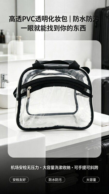 Transparent Pvc Waterproof Cosmetic Bag with Large Capacity, Travel Toiletry Bag, Can Be Carried by Hand or Cross-Body, Airport Security Storage Bag
