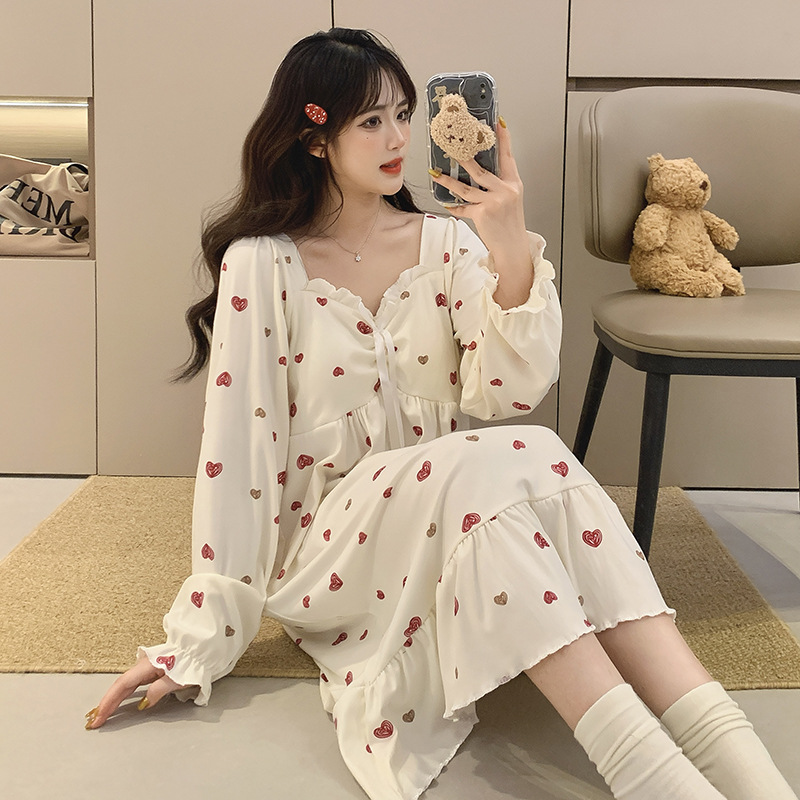 Fábrica directa con cojín de pecho desmontable de ternilla pijama de manga larga primavera y otoño estilo coreano chaqueta dulce ropa larga para el hogar