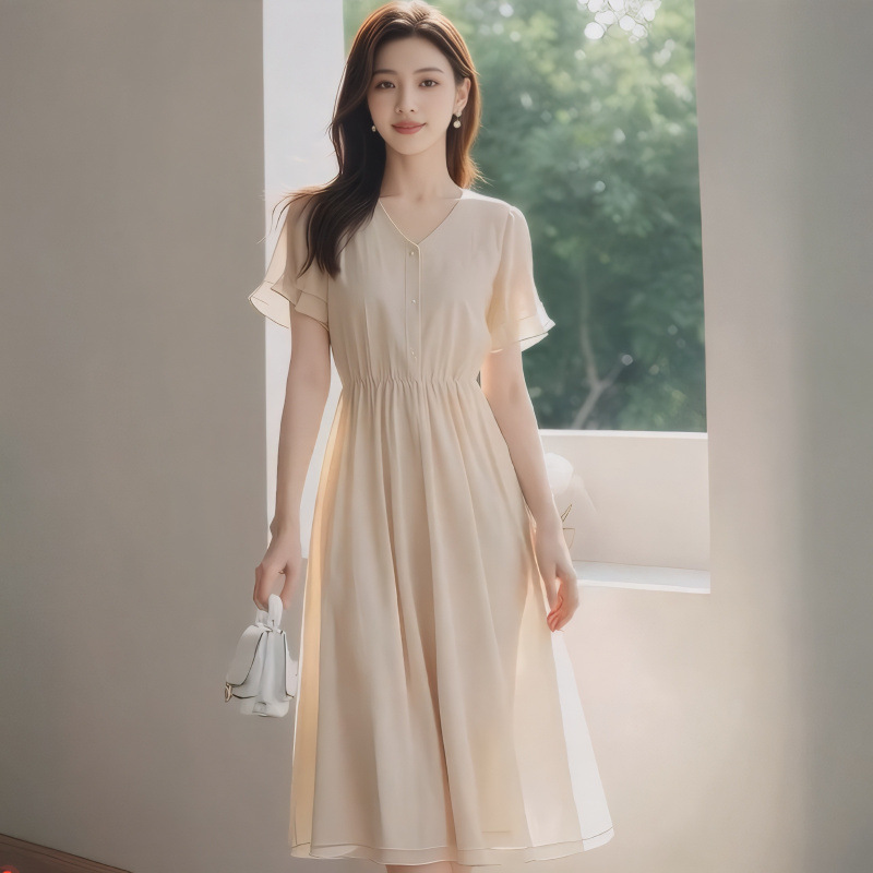 2025 新しい夏のスタイルシンプルな大きなフランススタイルの美しい V ネックシフォンドレスフリルスリーブミドル丈スカート女性のための|undefined