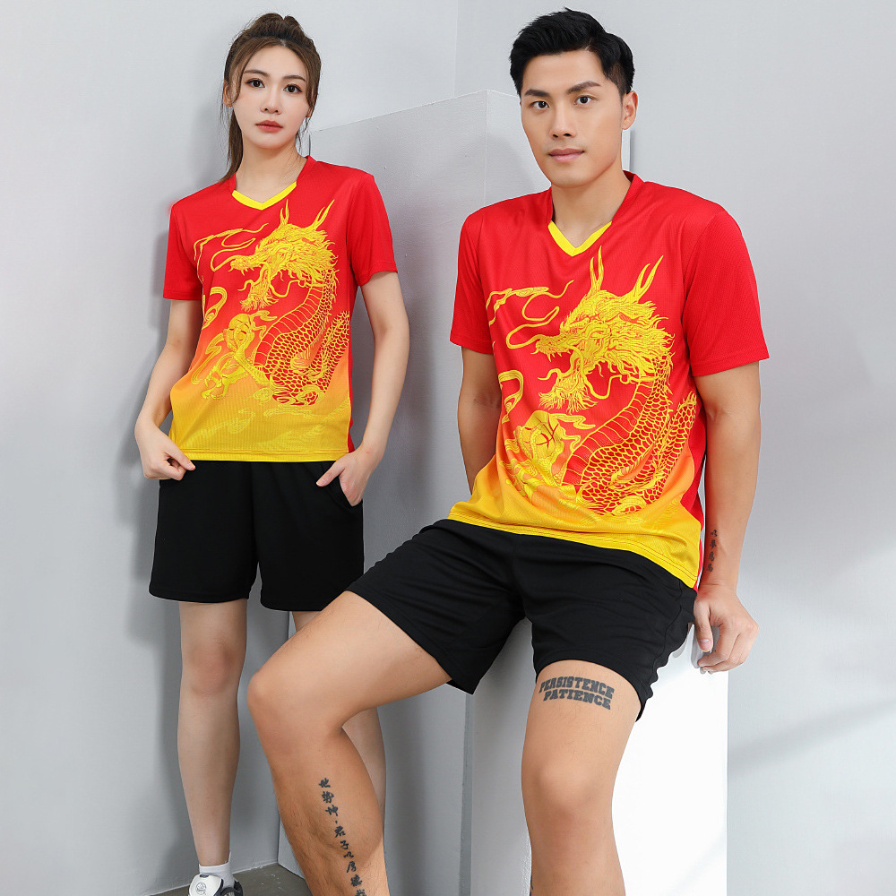 Dragon Style Badminton Suit for Men and Women suit Summer Short-sleeved Table Tennis Training Suit T-shirt Sports Competition Suit Top