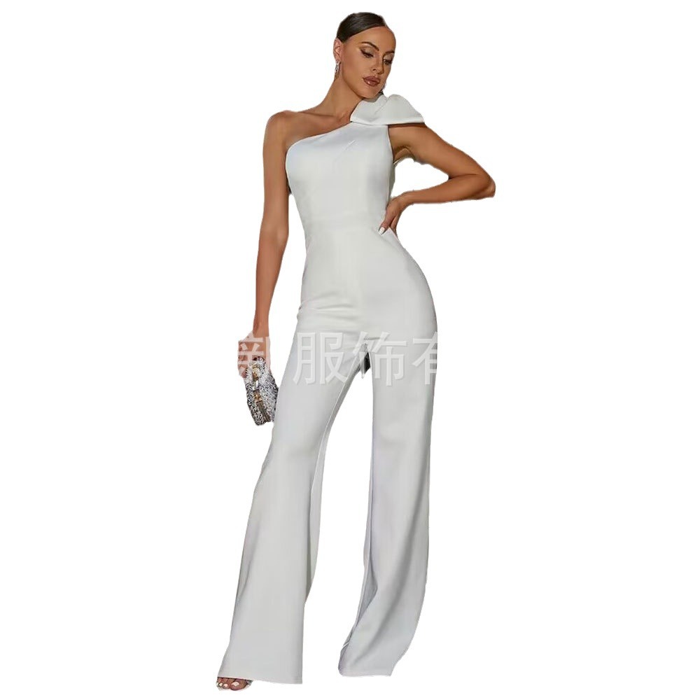 Amazon AliExpress mujeres alta cintura recta casual mono pantalones un hombro arco elegante vestido de fiesta