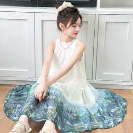 女童挂脖裙小女孩山水画夏装2026新款儿童度假风沙滩裙无袖连衣裙