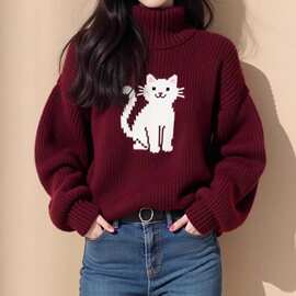红色小猫高领加厚毛衣针织衫女2026新款冬季慵懒风多巴胺韩系上衣