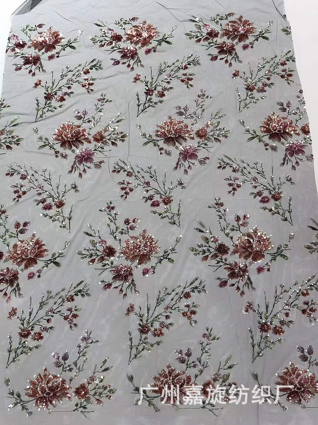 Nueva Impresión de cuentas de tela bordada bordado flor tridimensional tela de encaje ropa de mujer vestido cheongsam paño JX3614