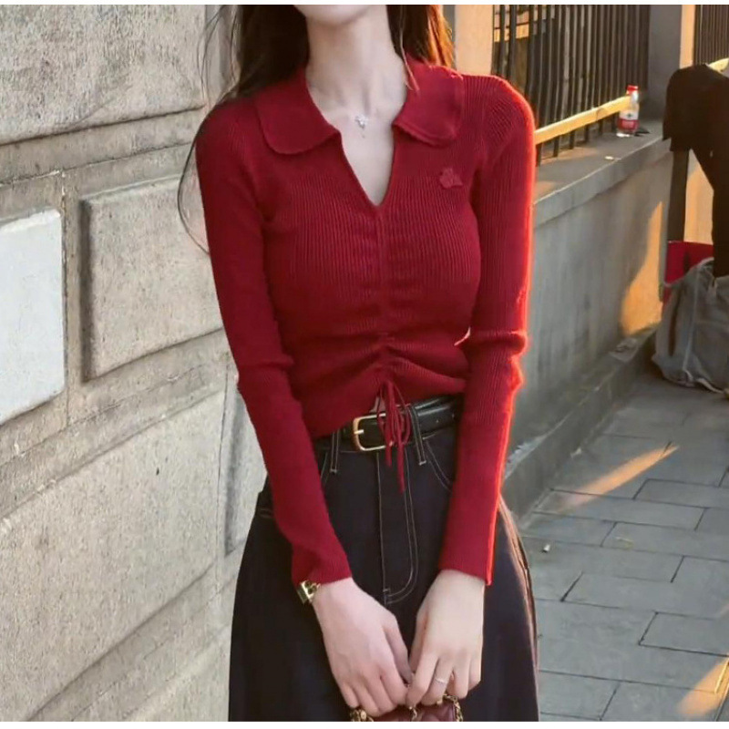 レッドウェア V ネックセーター女性のための 2024 新しい秋スリムフィット見栄えの良いトップ巾着長袖セーター|undefined