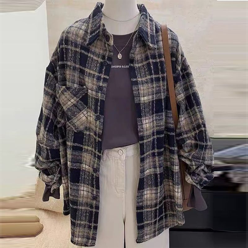 韩式休闲松弛感磨毛呢面衬衣女春秋新款宽松显瘦潮流百搭格子衬衫|undefined