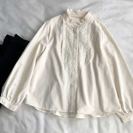 日系文艺温柔杏精致磨毛棉荷叶领衬衫刺绣花边长袖宽松衬衣女新