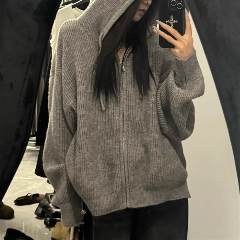 Cross-Border Korean Autumn and Winter Zipper Drawstring Hooded Long-Sleeved Sweatshirt Knitted Cardigan Loose Lazy Women's Sweater Jacket