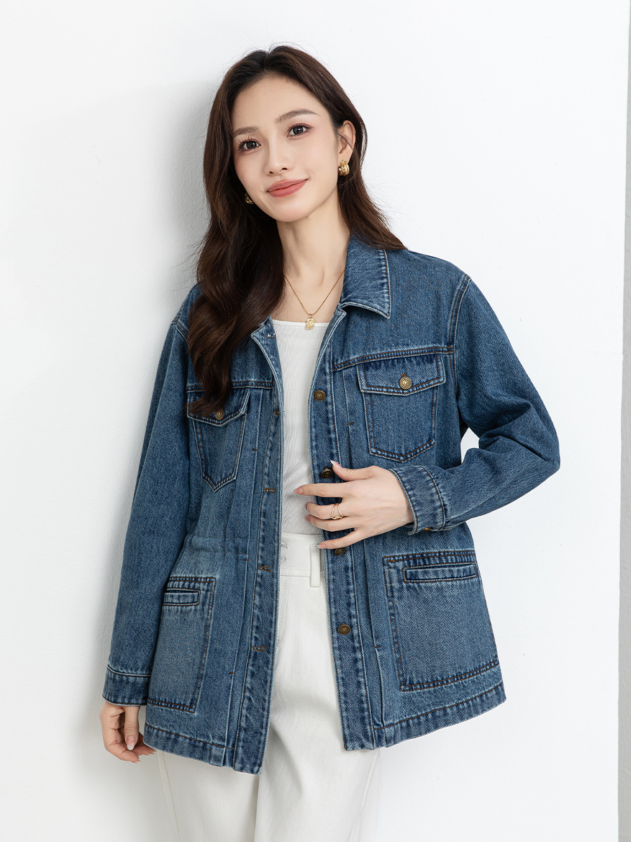 Áo khoác denim dáng dài phong cách workwear Mỹ cổ điển, form rộng thoải mái — xanh lam