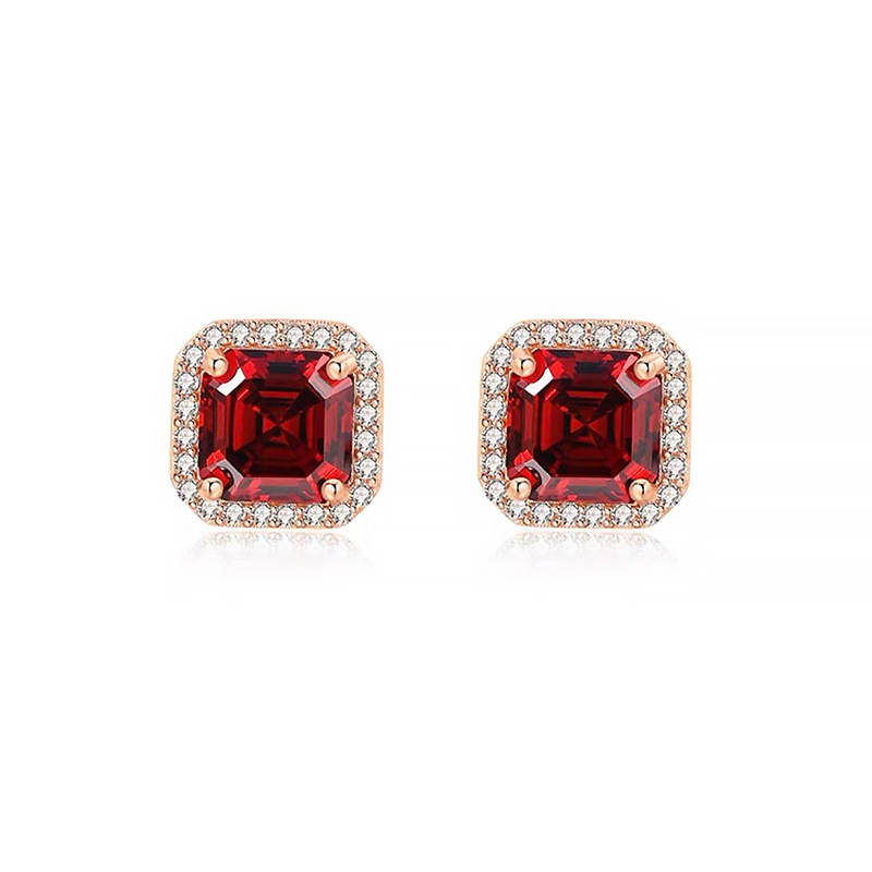 Princess bag high-end feel inlaid 1 carat square high-quality Mozambique garnet earrings plated with silver_voghion.com
