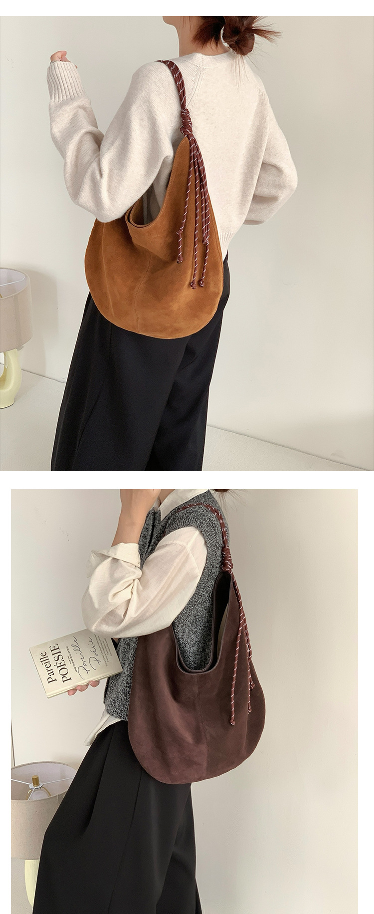 Sac fourre-tout en cuir givré à bandoulière simple pour femme, nouveau style paresseux, capacité en corde tissée à la mode 2024_voghion.com