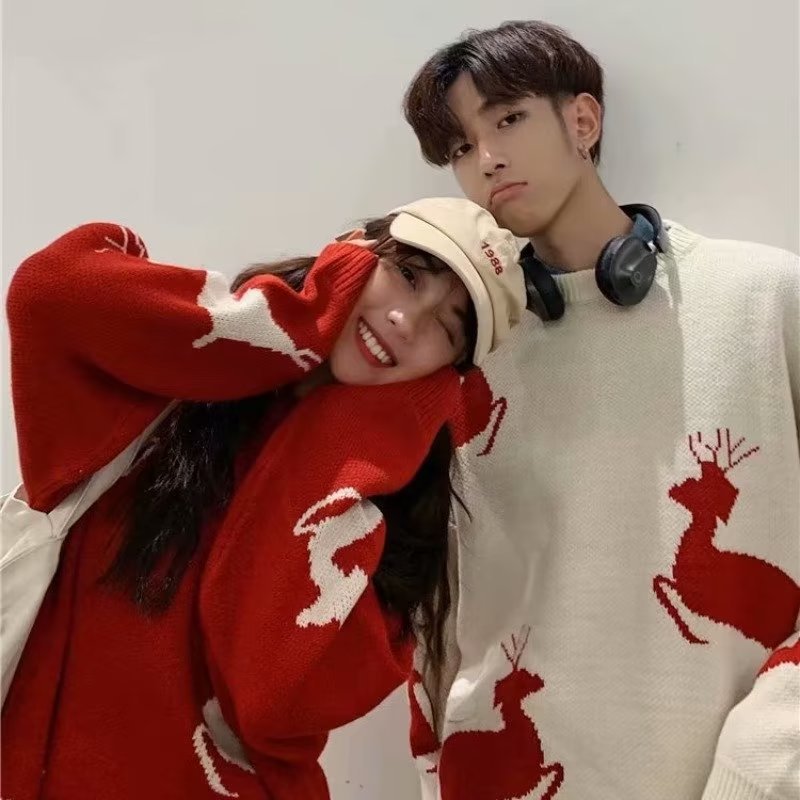 Francés Otoño e Invierno Nueva pareja engrosada suéter de cuello redondo de los hombres de estilo de Hong Kong estilo coreano flojo estilo perezoso suéter de punto