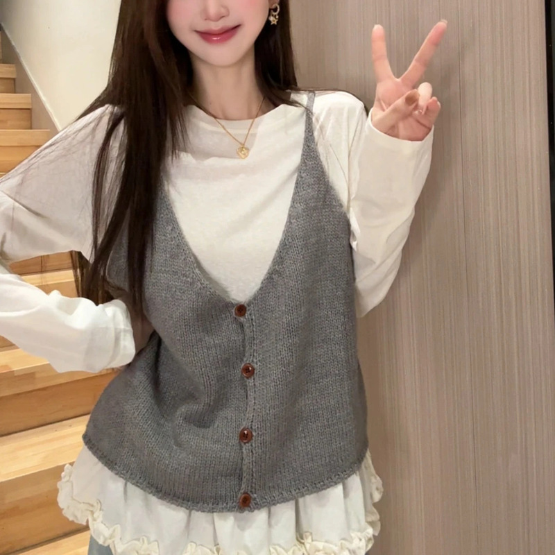 休闲百搭宽松慵懒感针织吊带背心女早秋时尚减龄小众设计别致上衣|undefined
