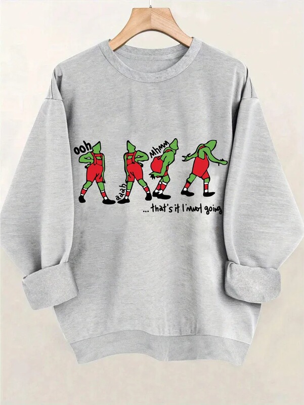 Gray monster print wool hoodie, casual autumn long-sleeve crew neck sweatshirt, women's clothing, relaxed fit Gray monster print wool hoodie, casual autumn long-sleeve crew neck sweatshirt, women's clothing, relaxed fit
