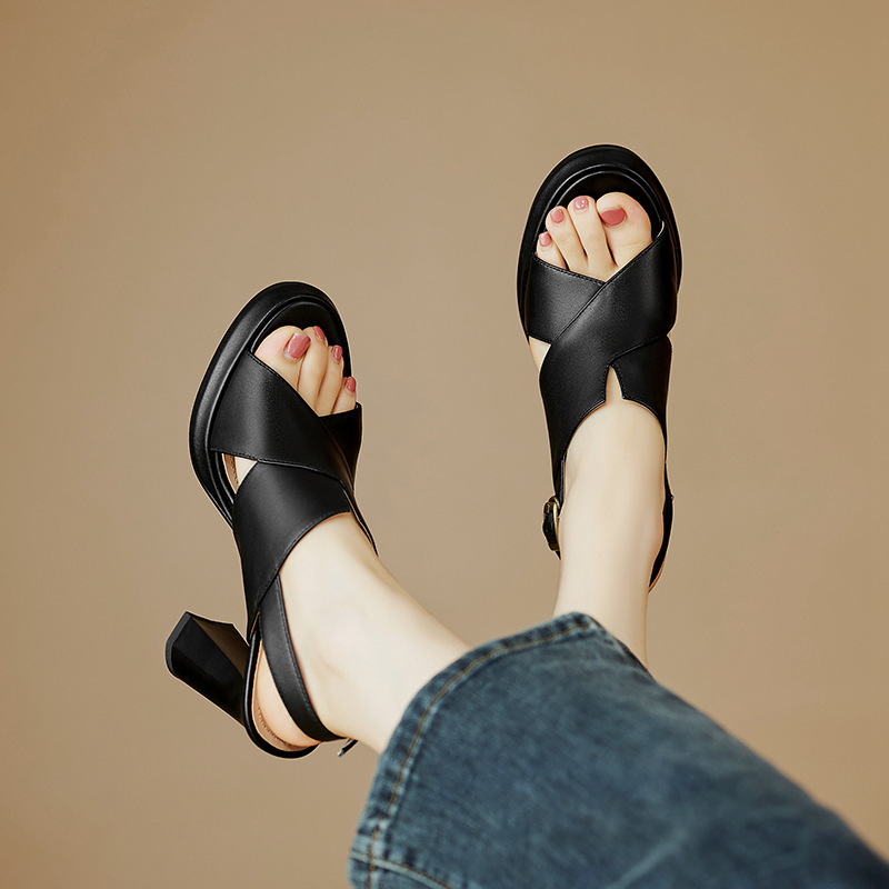 Sandal cao gót nữ quai ngang hở ngón da cừu cao cấp gót 10 cm — Màu đen
