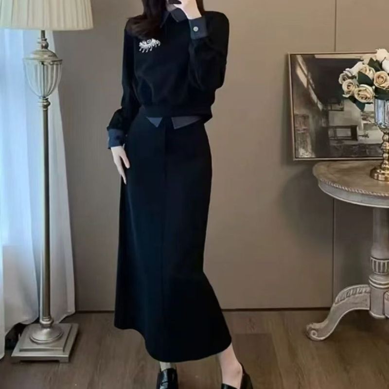 高级黑色休闲套装拼接洋气卫衣显瘦半身裙时尚套装新款1002|undefined