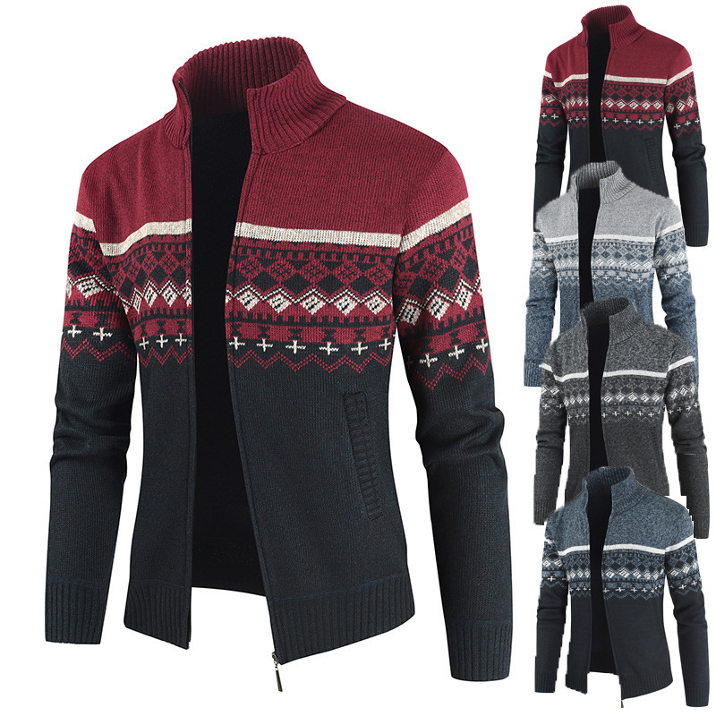 Neue Reißverschluss-Strickjacke mit Farbblock, lässiger Strick-Stehkragen, Pulloverjacke, Jacquard, für Herren und Jugendliche_voghion.com