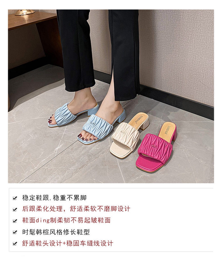 Dép sandal nữ mũi vuông gót nêm siêu mềm kiểu xếp ly, đế cao 3 cm — Màu hồng, Màu mơ, Màu xanh lam chi tiết 8