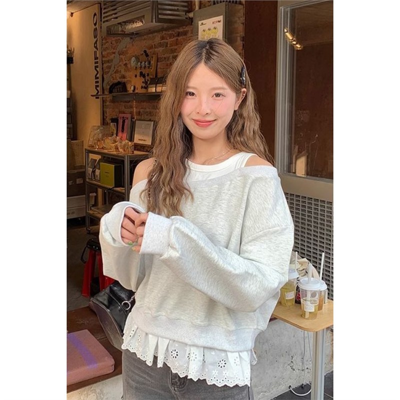 花边拼接露肩假两件卫衣女2025春新款休闲宽松纯欲感穿搭斜肩上衣