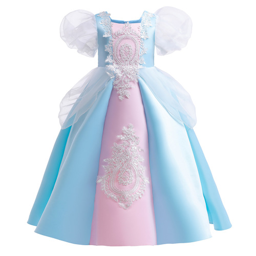 2024 New Women's Children's Dress for Foreign Trade, Middle Childhood Retro Children's Clothing Bubble Sleeve Embroidered Princess Dress Long Dress Formal Gown