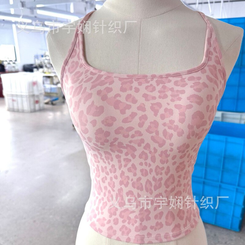 Fixed one-piece cup leopard print yoga sports tank top for hot girls, new pink cross-border women's clothing for spring and summer Fixed one-piece cup leopard print yoga sports tank top for hot girls, new pink cross-border women's clothing for spring and summer