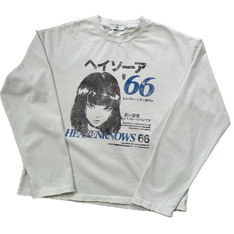 Футболка с длинными рукавами oversize, комикс-принт, американский стиль, белая (S–XXL)