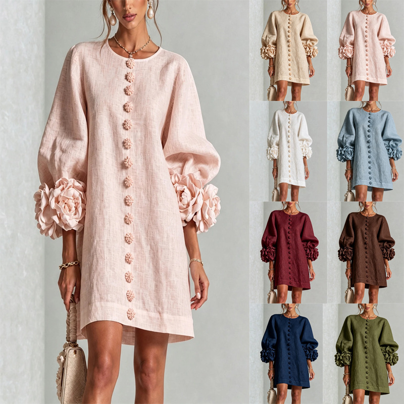 Cross-Border Niche Design Dress with Three-Dimensional Large Floral Cuffs, Straight Skirt, Lantern Long Sleeves, Single-Row Decorative Buttons, Casual Dress Cross-Border Niche Design Dress with Three-Dimensional Large Floral Cuffs, Straight Skirt, Lantern Long Sleeves, Single-Row Decorative Buttons, Casual Dress