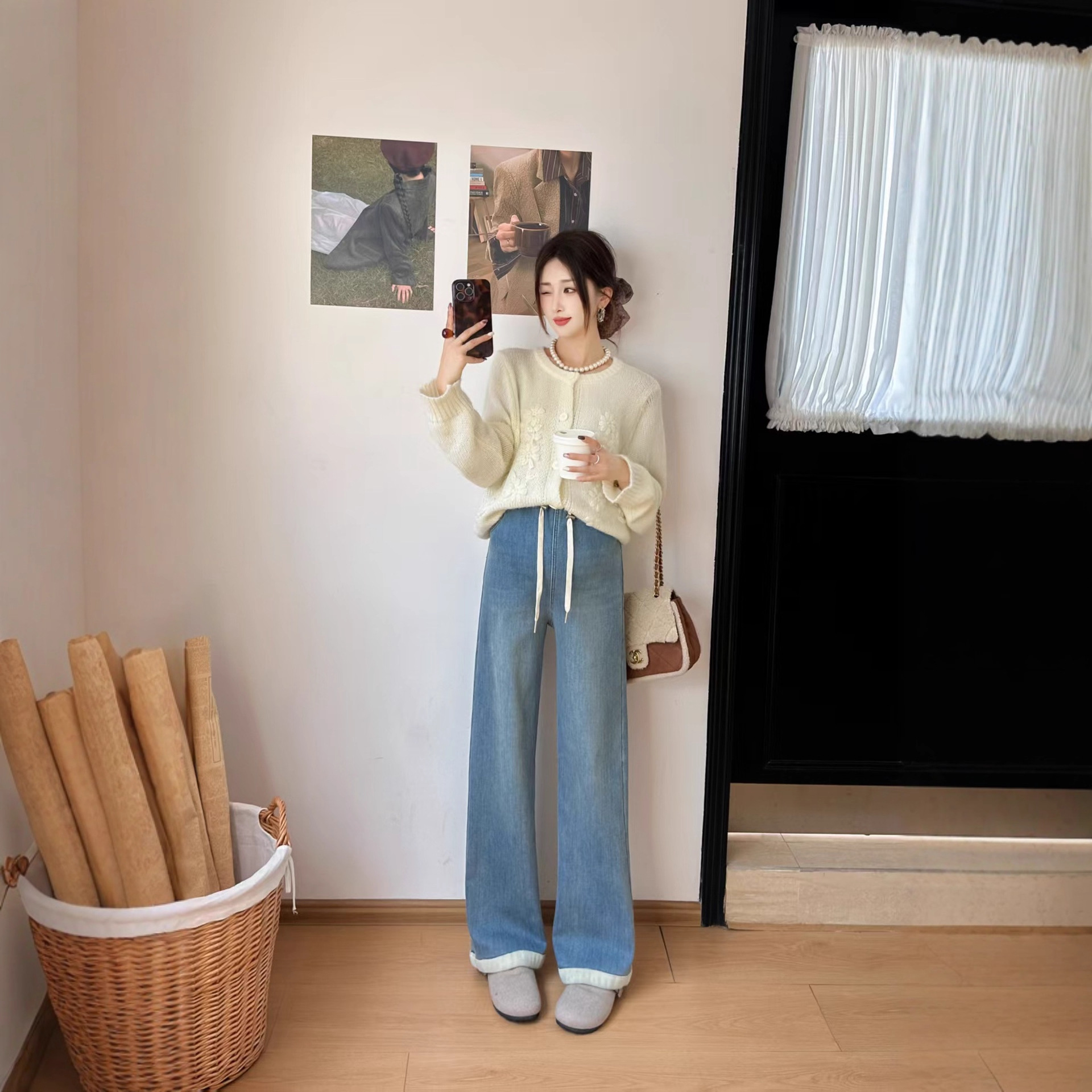 2025 Fleece-Lined Maternity Pants Influencer Picks Korean Style Real Shot Jeans High Waist Straight Autumn and Winter