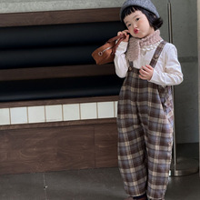 YU.MKIDS 25年秋冬新款童装儿童连体裤日系男女童撞色格子背带裤