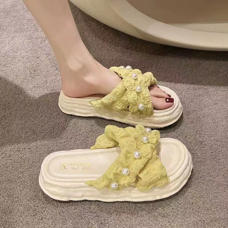 Platform sandals, PVC thick sole with pearl detail, beach slip-on for women