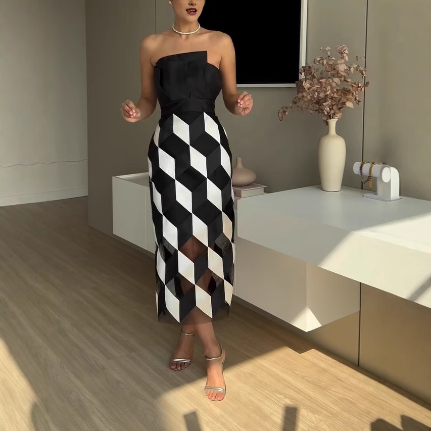 【大量现货】欧美跨境亚马逊新款女装性感气质撞色多面抹胸连衣裙