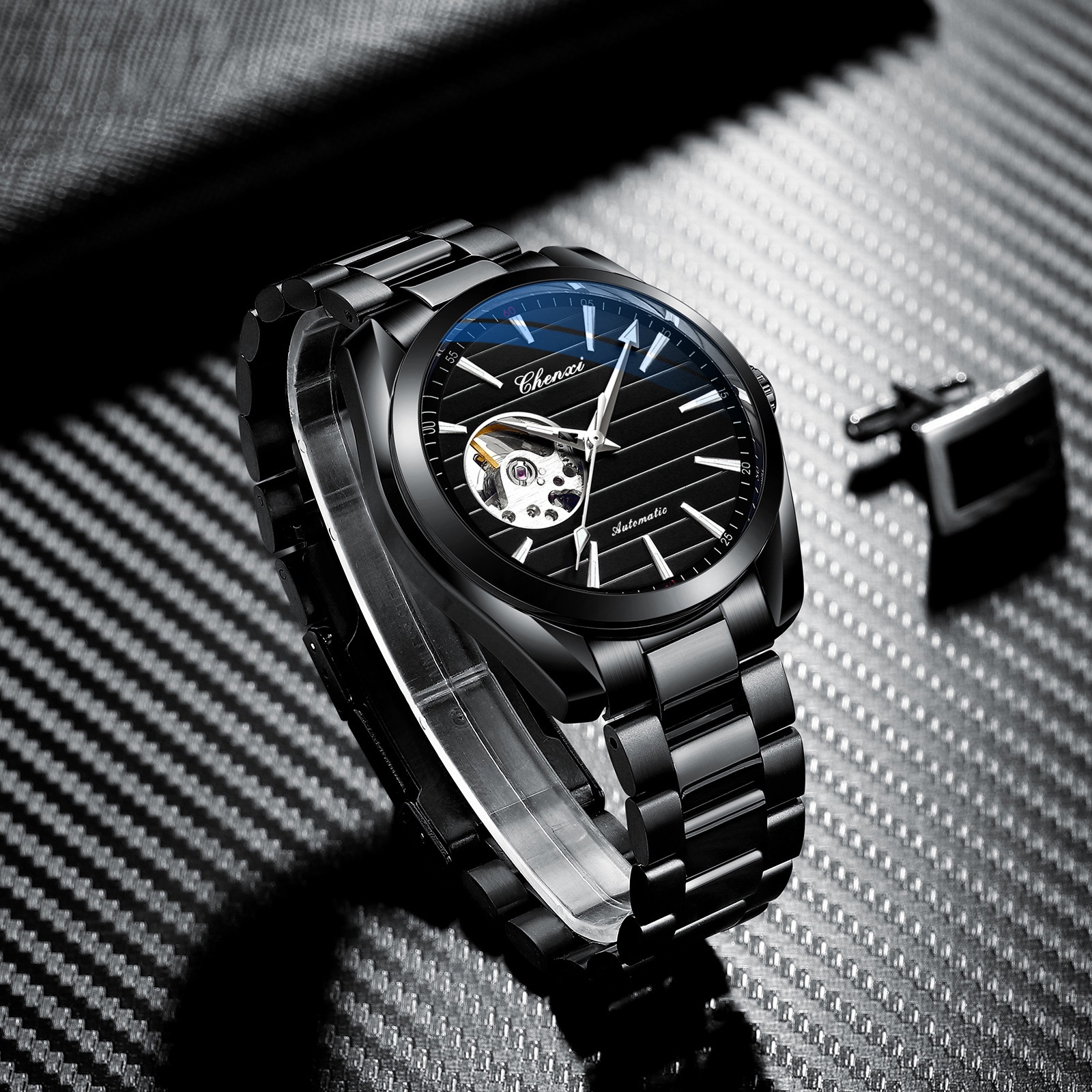 CHENXI Hollow Automatic Mechanical Watch for Men, Luminous, Waterproof, Cross-Border Live Streaming, Steel Band Mechanical Watch