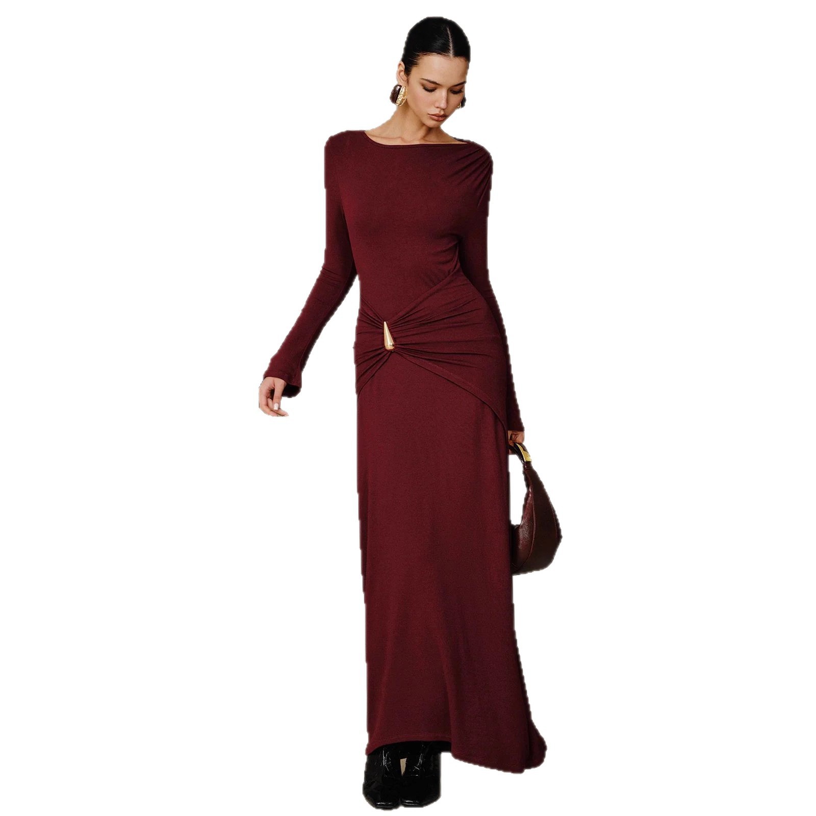 Europa y los Estados Unidos comercio exterior ropa de mujer invierno nueva moda de color sólido cuello redondo vestido delgado vestido de metal decoración vestido de manga larga image 5