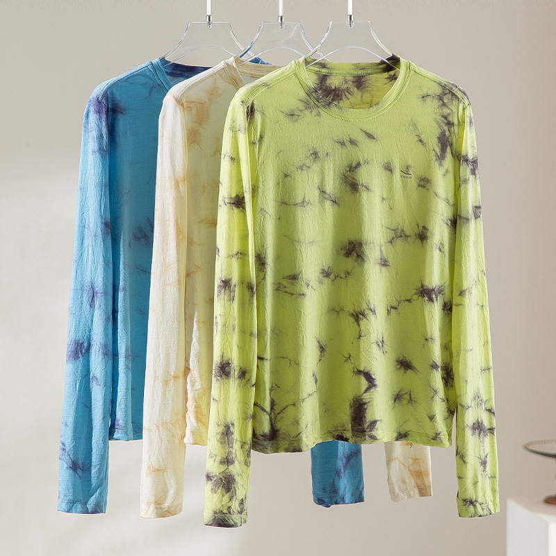 Machine Washable Merino Wool T-Shirt for Women, Long-Sleeved Sports Tie-Dye Round Neck Loose Top, Comfortable and Breathable, New Spring Style