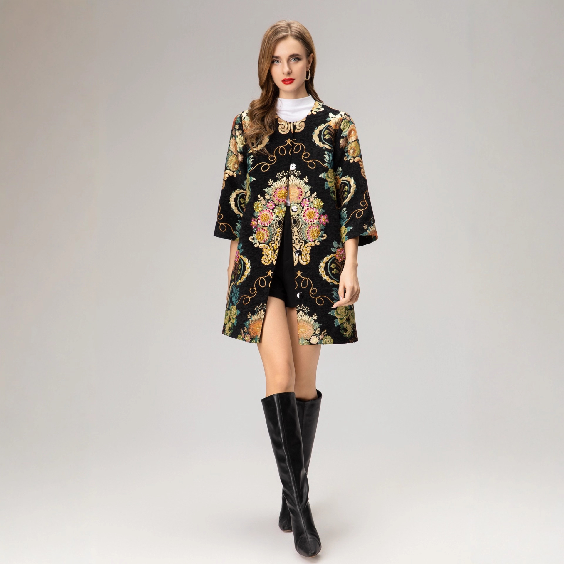 高档提花气质复古重工钉珠百搭显瘦中长款外套大衣女2025新款洋气