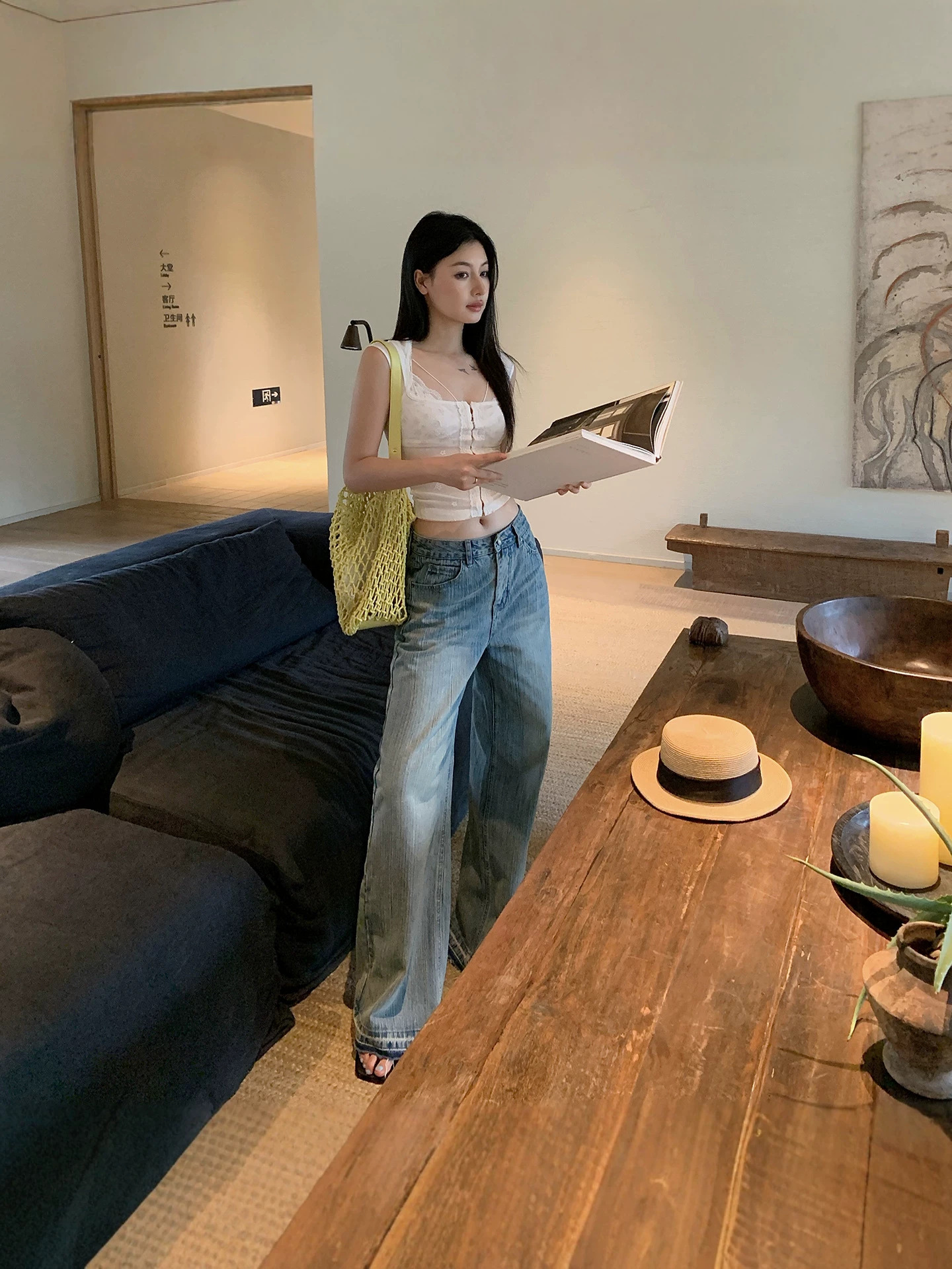 Summer New Style American Retro Bamboo Pattern Three-Dimensional Whisker Design Mid-Waist Frayed Jeans for Women