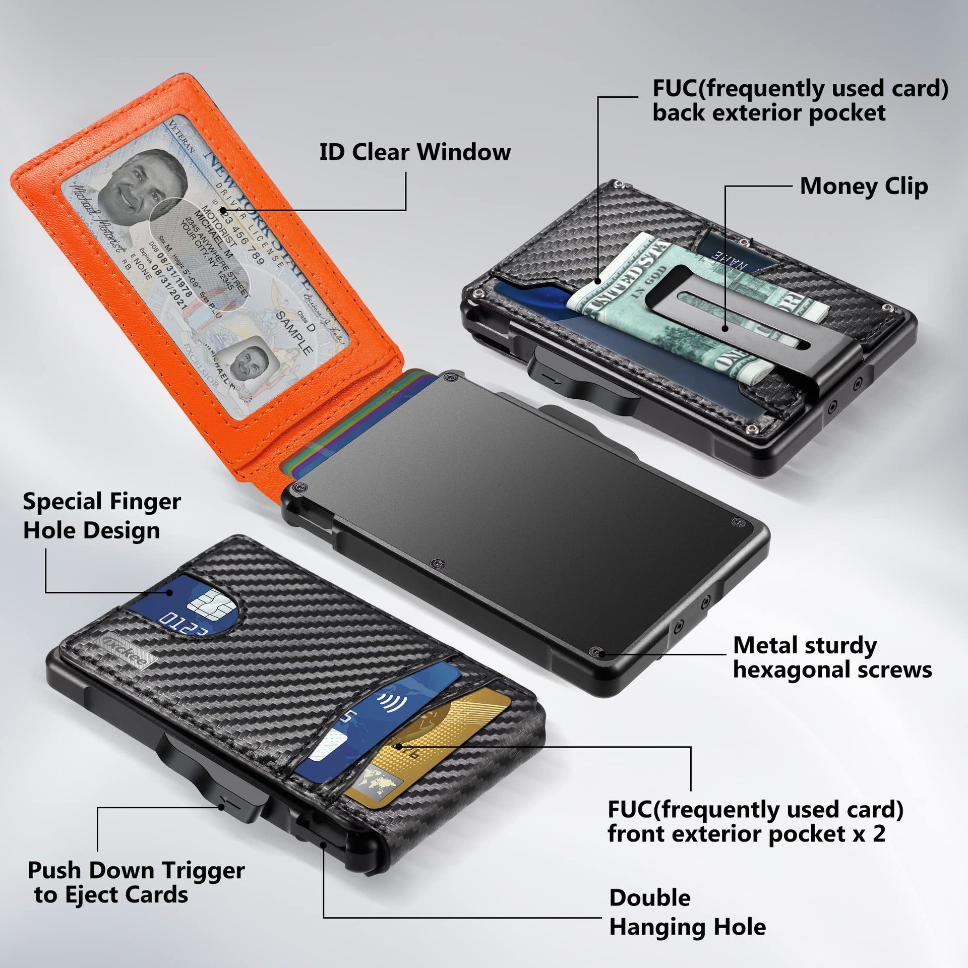 Comercio exterior cartucho de metal plegable fibra de carbono cartera de hombre cartera de cuero genuino de alto nivel