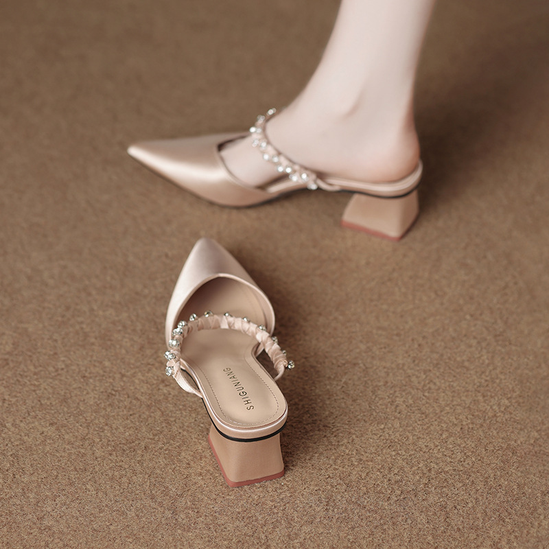 6008-42 High Heel Baotou Slippers Women's New Chinese Thick Heel Rhinestone Elegant Summer Outer Wear Sandals Single-layer Shoes