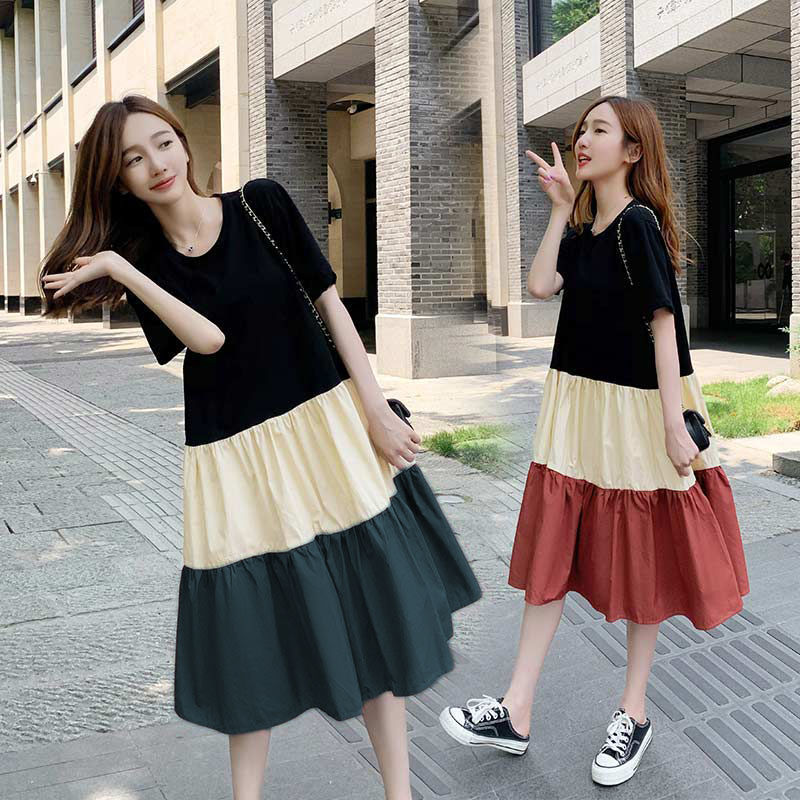 dress Women's Summer Dress Online Popular suit Summer Contrast Color Short-sleeved dress Over-the-knee Pregnant Mother's Long Dress Summer Dress Trendy