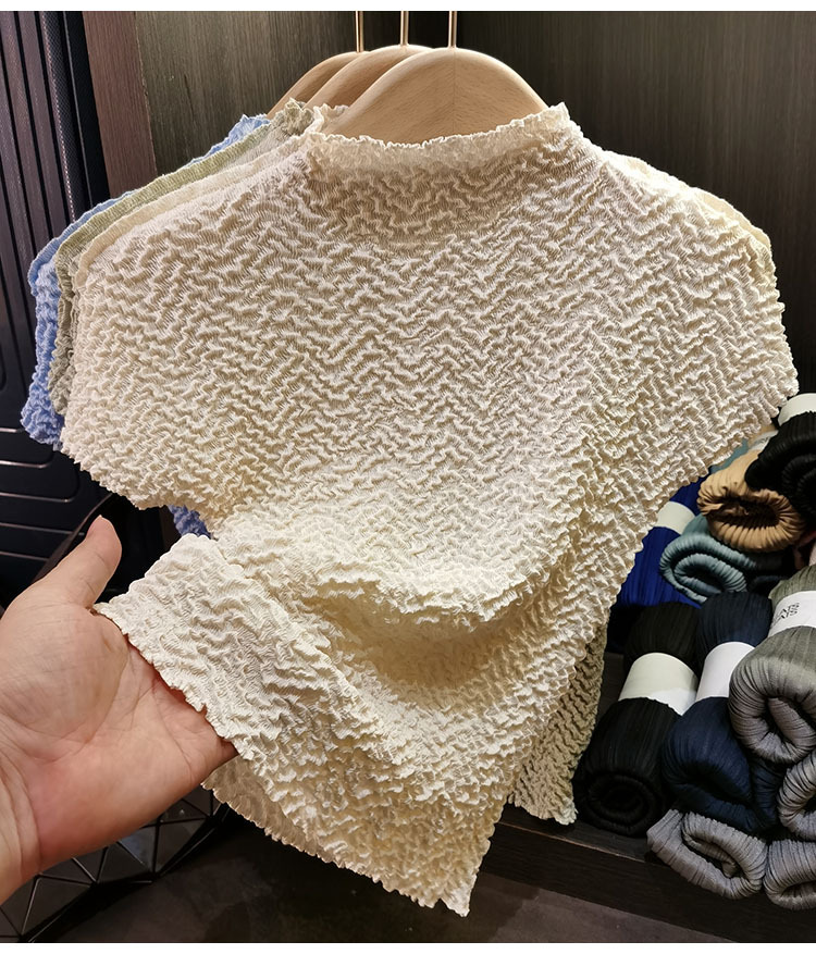 Áo thun nữ cổ tròn tay ngắn họa tiết dứa jacquard xếp ly mùa hè — Màu xanh lam nhạt, Màu xanh lục nhạt, Màu đen, Màu trắng be chi tiết 4