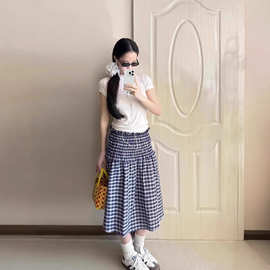 两穿设计感蓝色格子抹胸背心女夏季法式设计感休闲伞裙露背短裙
