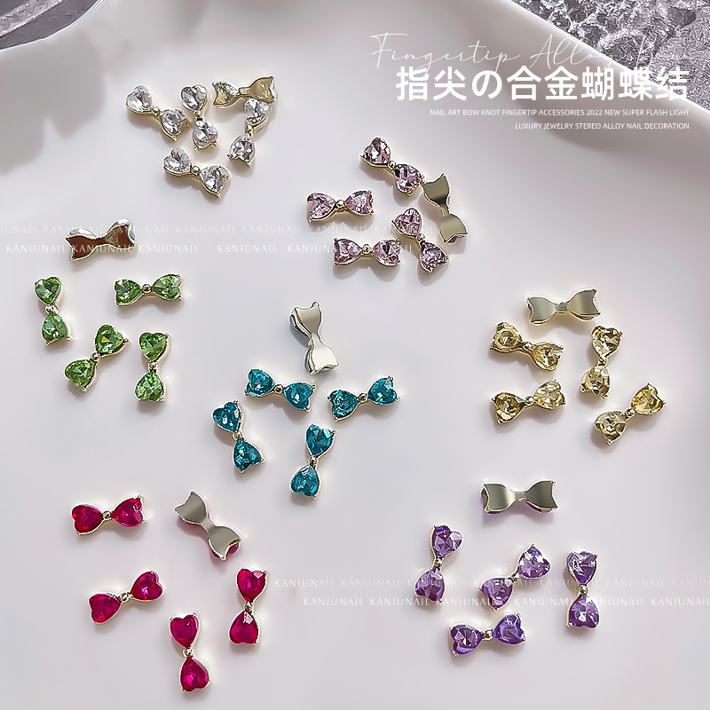 Nail Art Alloy Bow Crystal Heart Rhinestone Nail Accessories Trendy New Bow Tie Decoration Aurora Sparkle