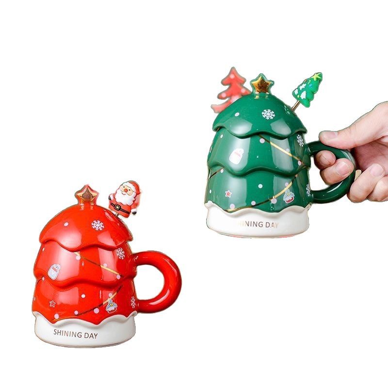 Taza navideña creativa, taza de cerámica con tapa y cuchara, taza para beber, taza de alta gama, taza de gran capacidad con diseño de árbol de Navidad