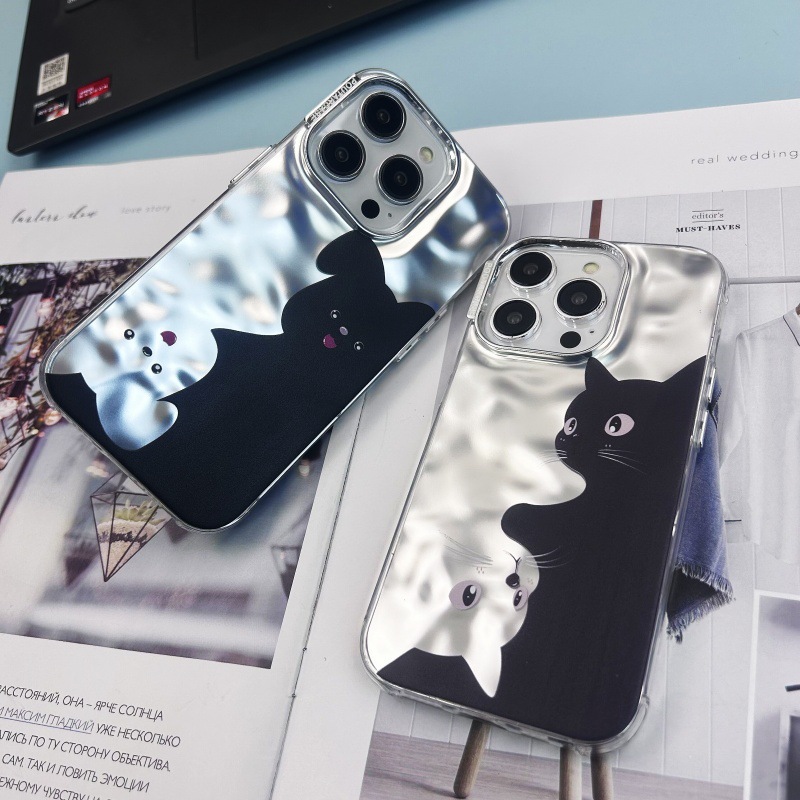 Nicho gato blanco y negro iPhone13 electrochapado agua ondulación 14 caja del teléfono Promax 12 para Apple 15 pareja