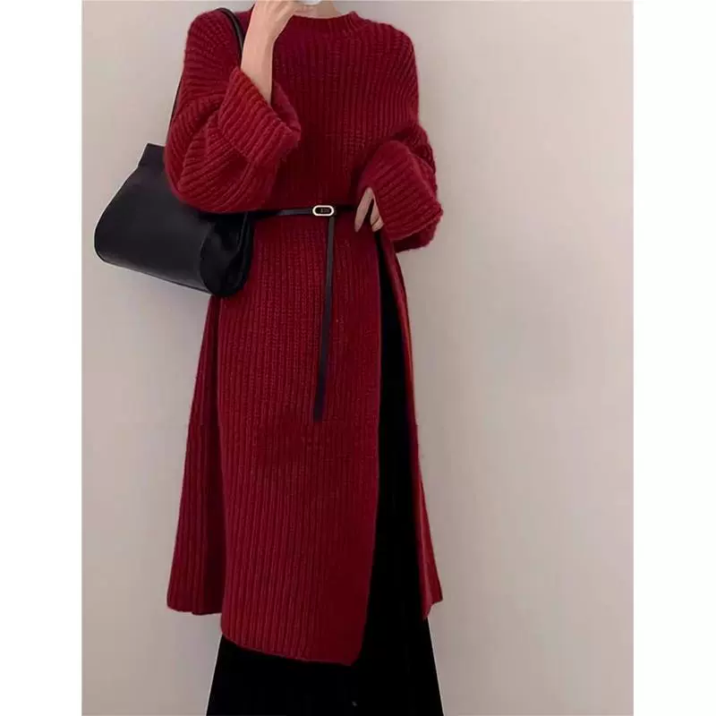 Корейский ленивый свободный свитер длинная юбка женская осень-зима 2025 новая толстое длинное платье с высокой раскрой