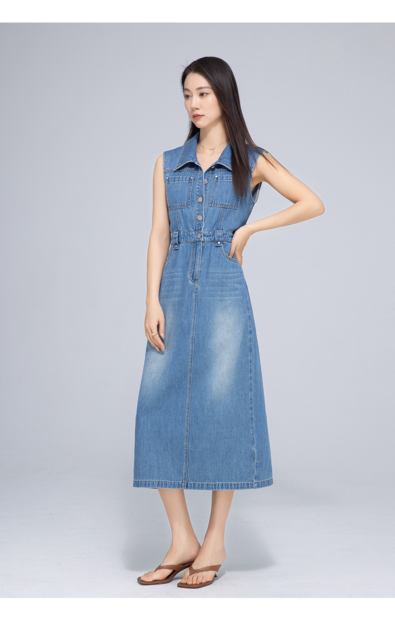 Váy denim cổ điển dáng dài không tay, thắt eo tôn dáng — Xanh lam hoài cổ chi tiết 26