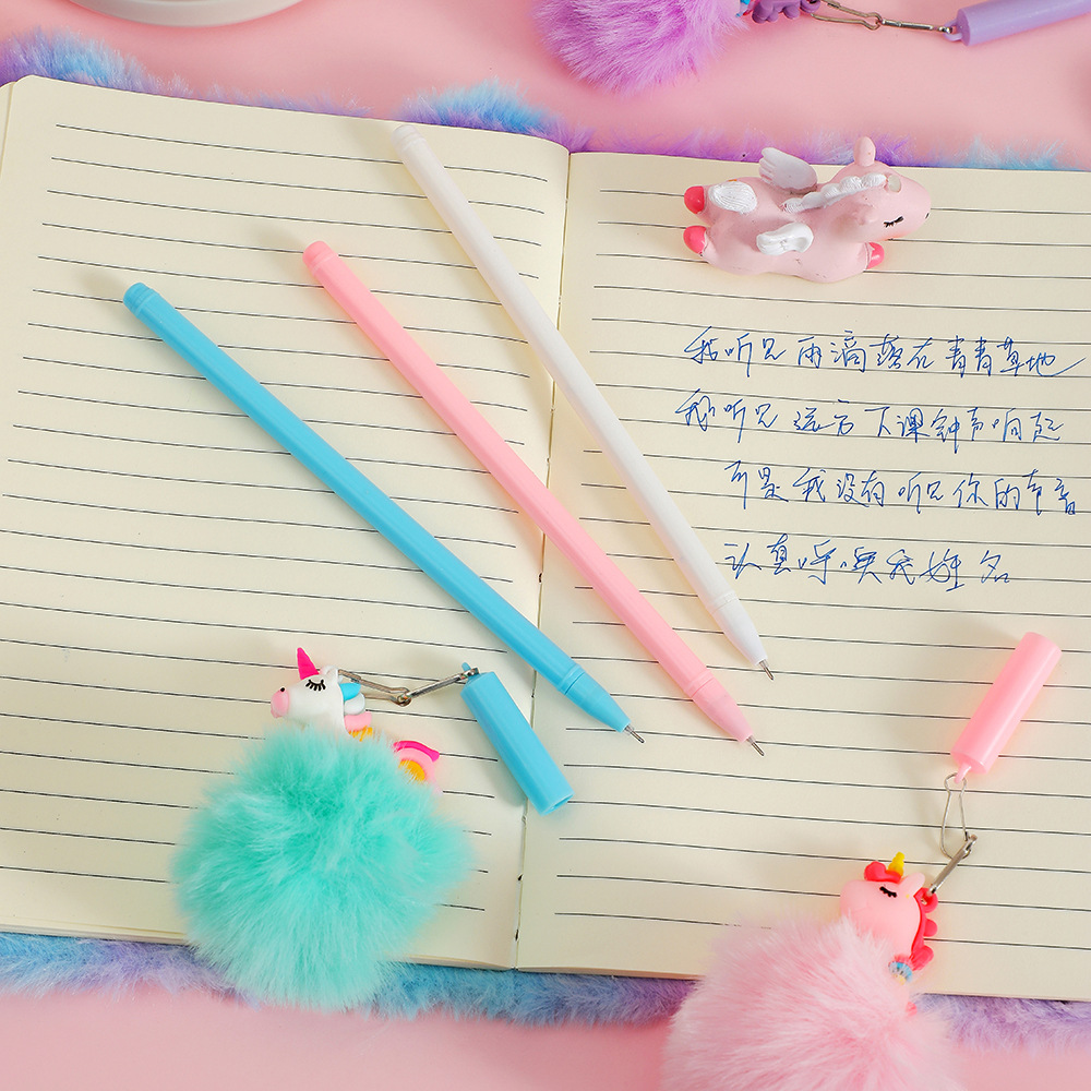 Creative Unicorn Cartoon Pen Students Hair Ball Pendant Neutral Pen Girls Handwritten Pen Kindergarten Gift display picture 3