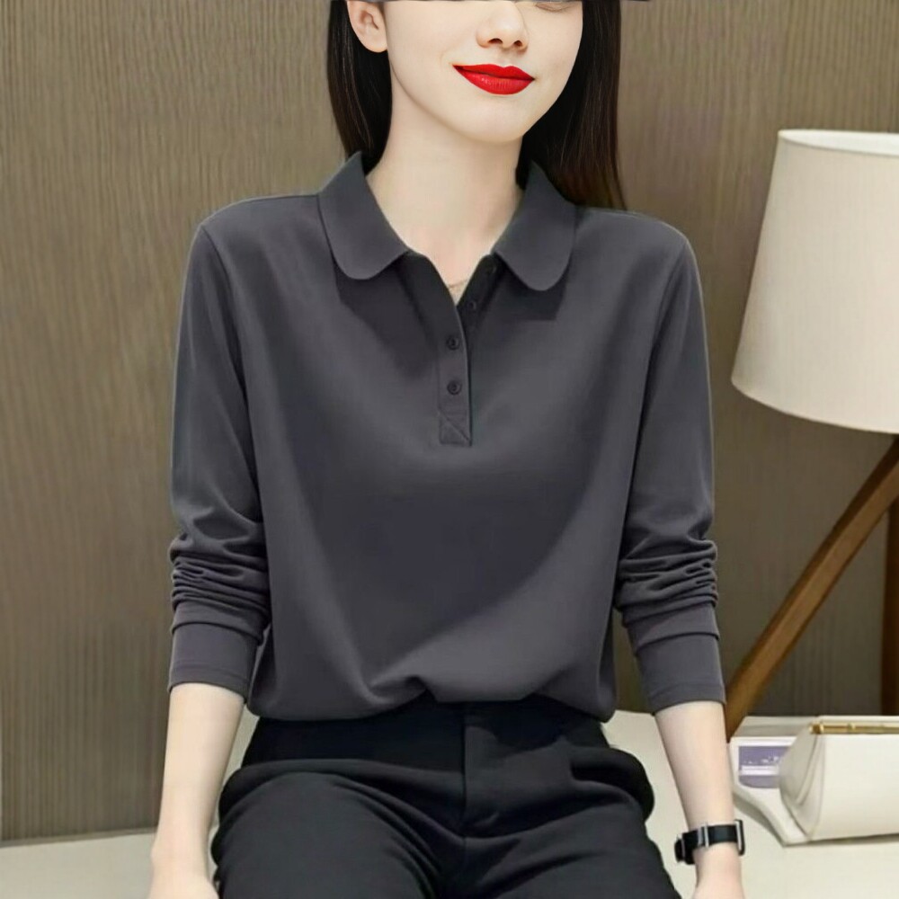 2026春秋新款翻领长袖POLO衫女纯色气质通勤宽松显瘦百搭打底上衣
