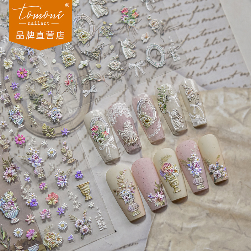 Tomoni Nail Art Relief Stickers Spring New Stationery Mobile Phone Art Nail Stickers Angel White Rose Mixed