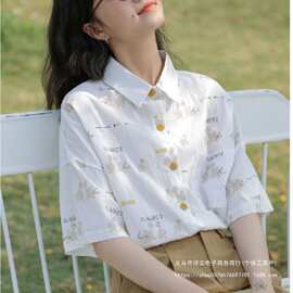 新款印花2026短袖衬衣小鸭子印花设计夏季宽松日系清新上衣爆款